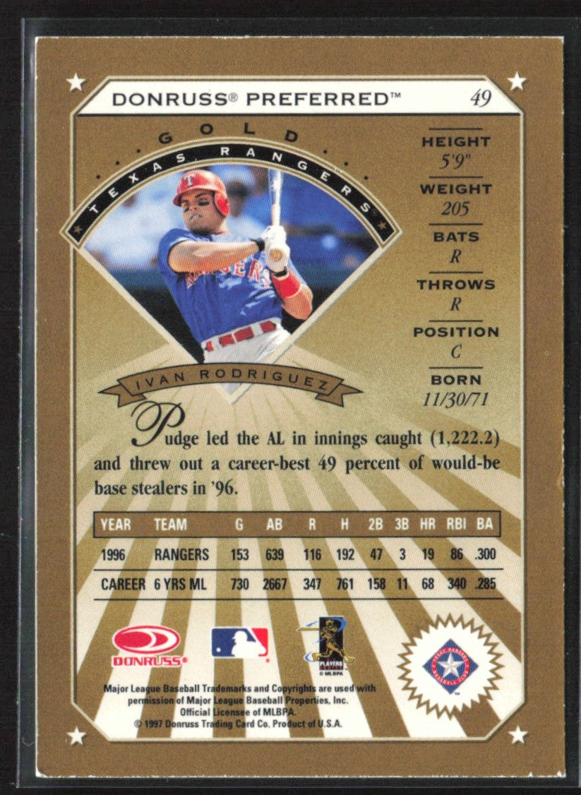 Ivan Rodriguez 1997 Donruss Preferred Gold #49 Texas Rangers