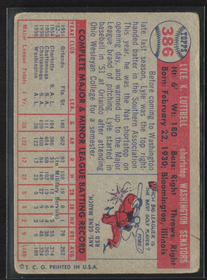 Lyle Luttrell 1957 Topps RC #386 Washington Senators