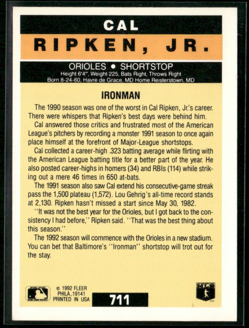 Cal Ripken, Jr. 1992 Fleer #711 Baltimore Orioles