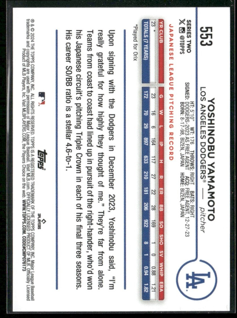 Yoshinobu Yamamoto 2024 Topps RC #553 Los Angeles Dodgers