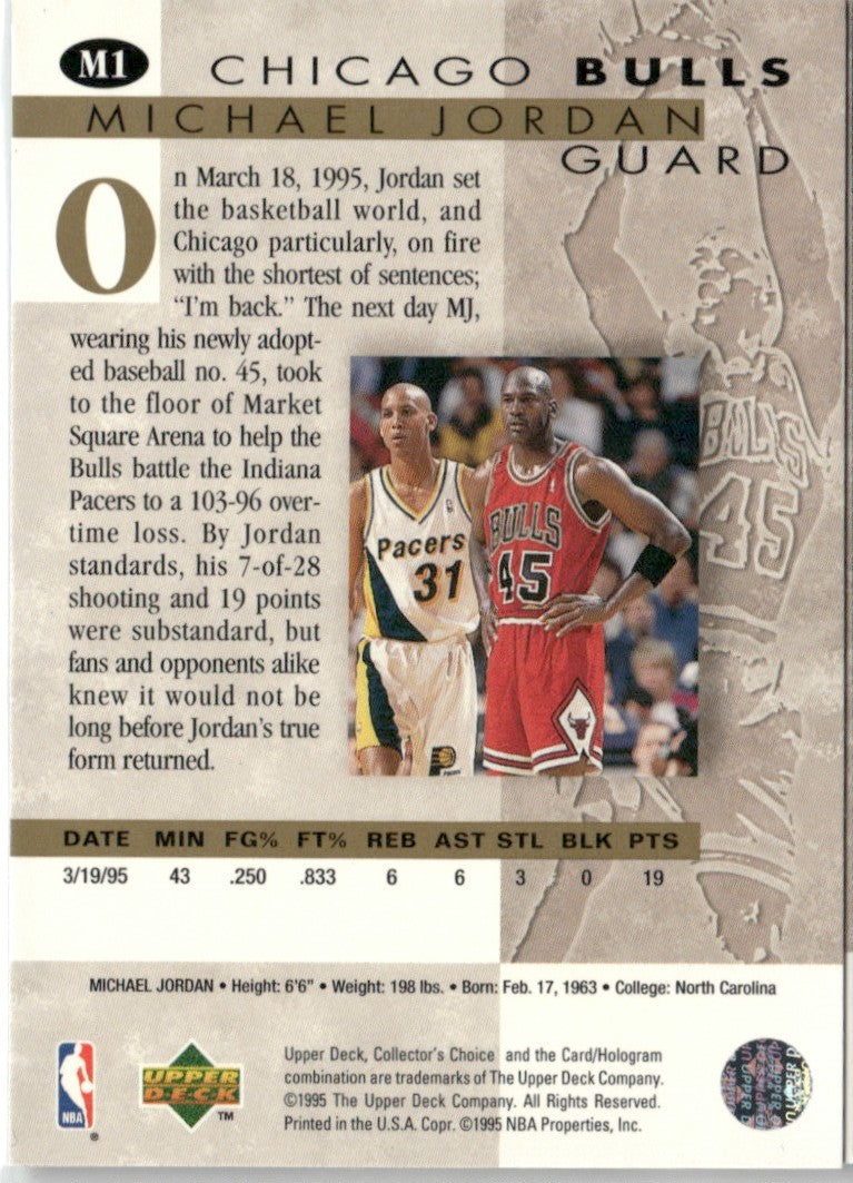 Michael Jordan 1995 Upper Deck Collector's Choice He's Back #M1 Chicago Bulls