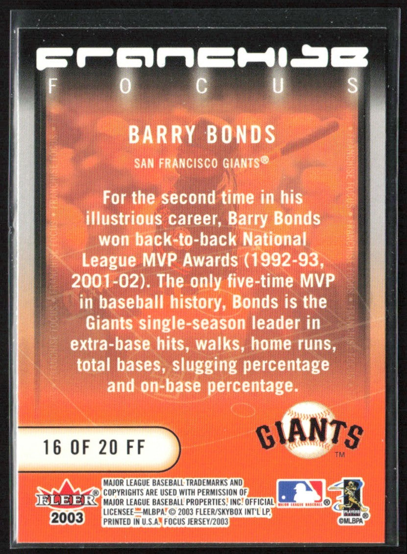 Barry Bonds 2003 Fleer Focus Jersey Edition Franchise #16 San Francisco Giants