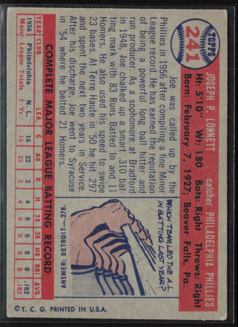 Joe Lonnett 1957 Topps #241 Philadelphia Phillies