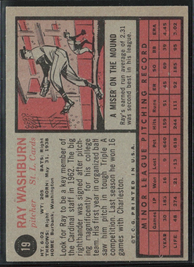 Ray Washburn 1962 Topps RC #19.0 St. Louis Cardinals