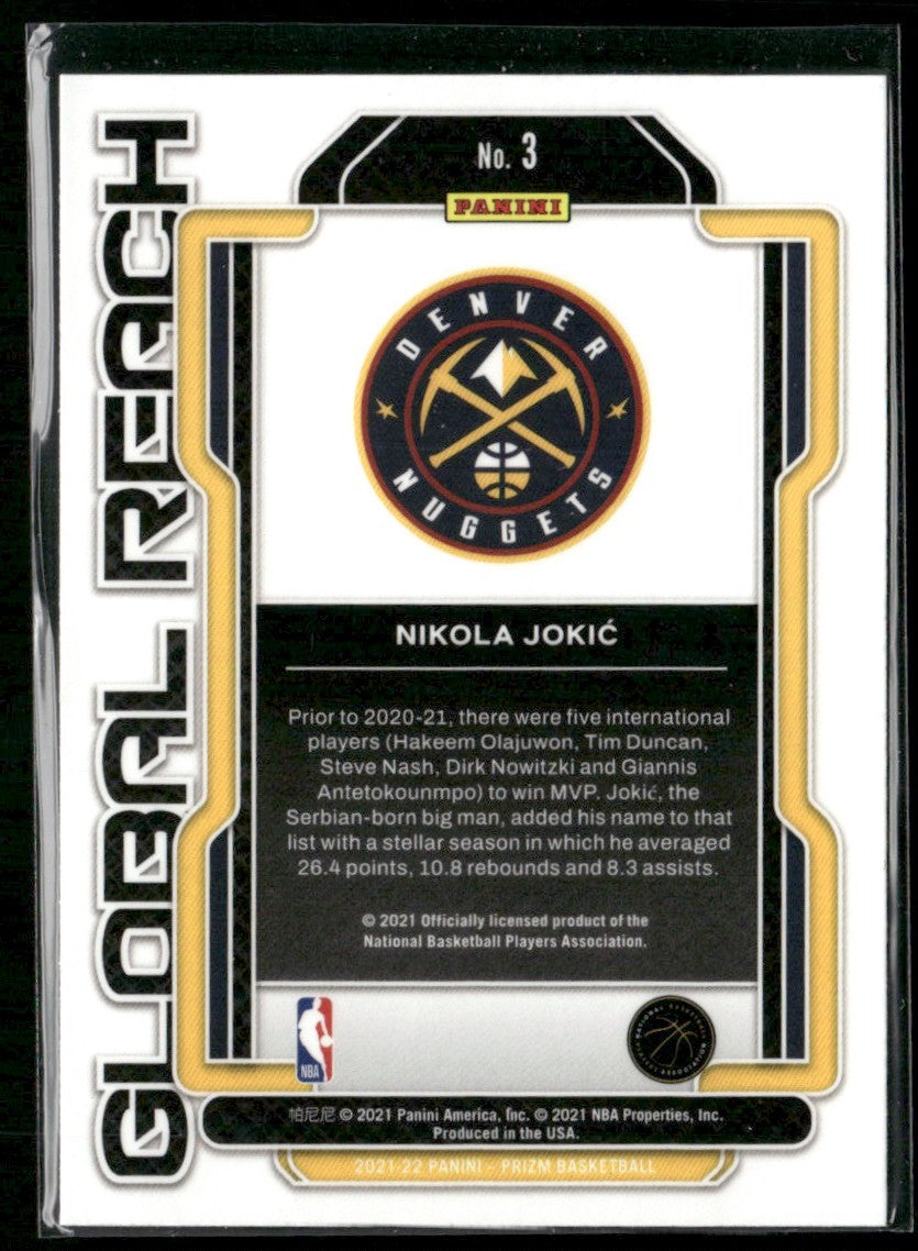 Nikola Jokic 2021 Panini Prizm Global Reach #3 Denver Nuggets