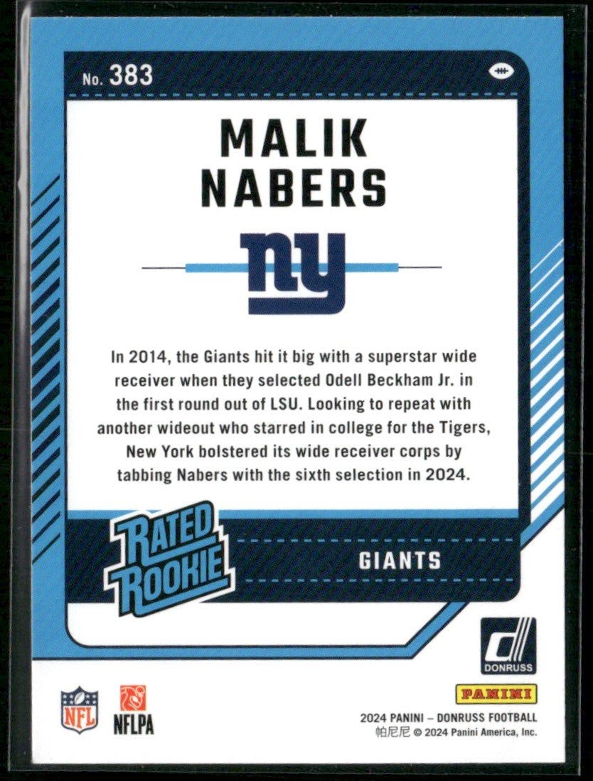 Malik Nabers 2024 Panini Donruss RC #383 New York Giants