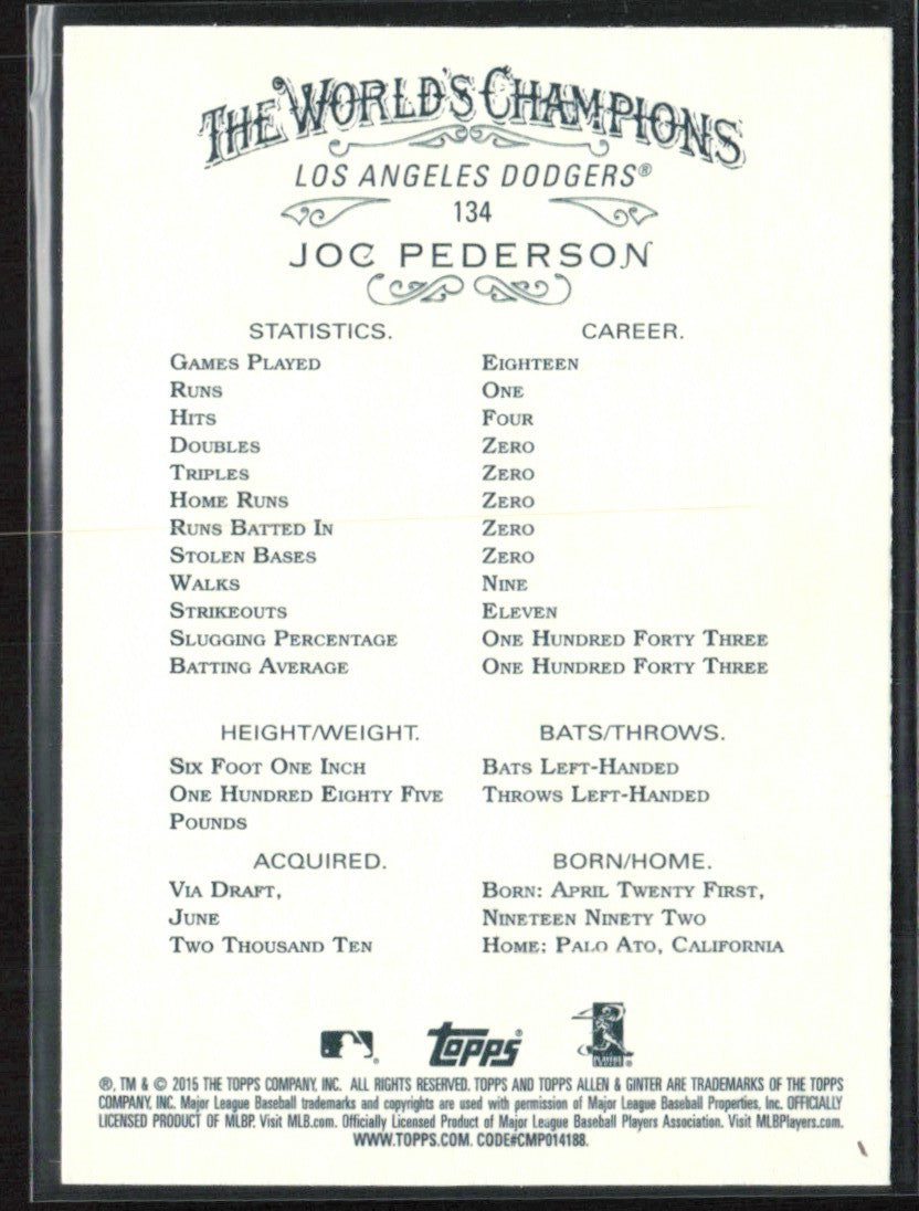 Joc Pederson 2015 Topps Allen & Ginter RC #134 Los Angeles Dodgers