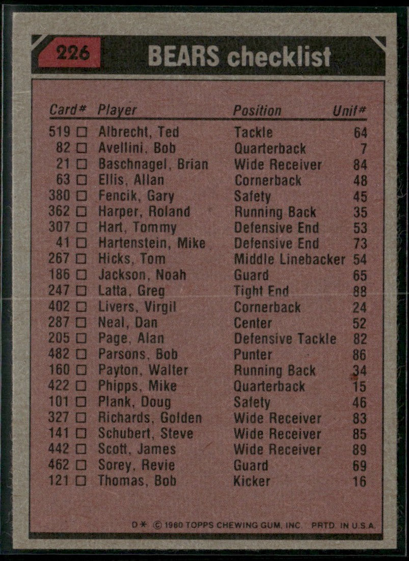 Walter Payton 1980 Topps #226 Chicago Bears