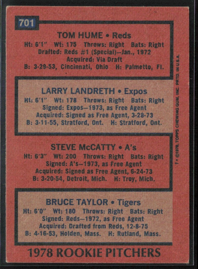 Tom Hume/Larry Landreth/Steve McCatty/Bruce Taylor 1978 Topps RC #701