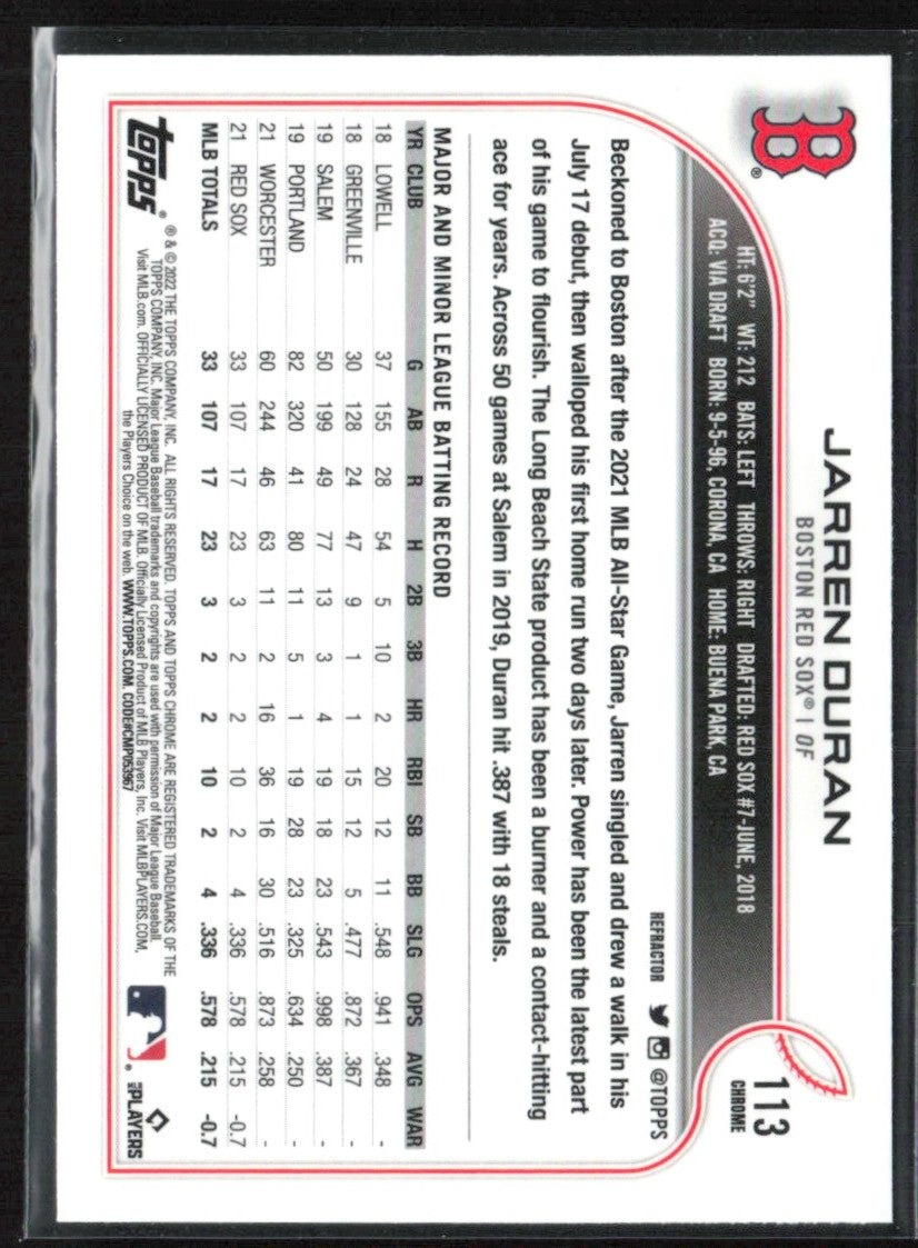 Jarren Duran 2022 Topps Chrome Refractor RC #113 Boston Red Sox