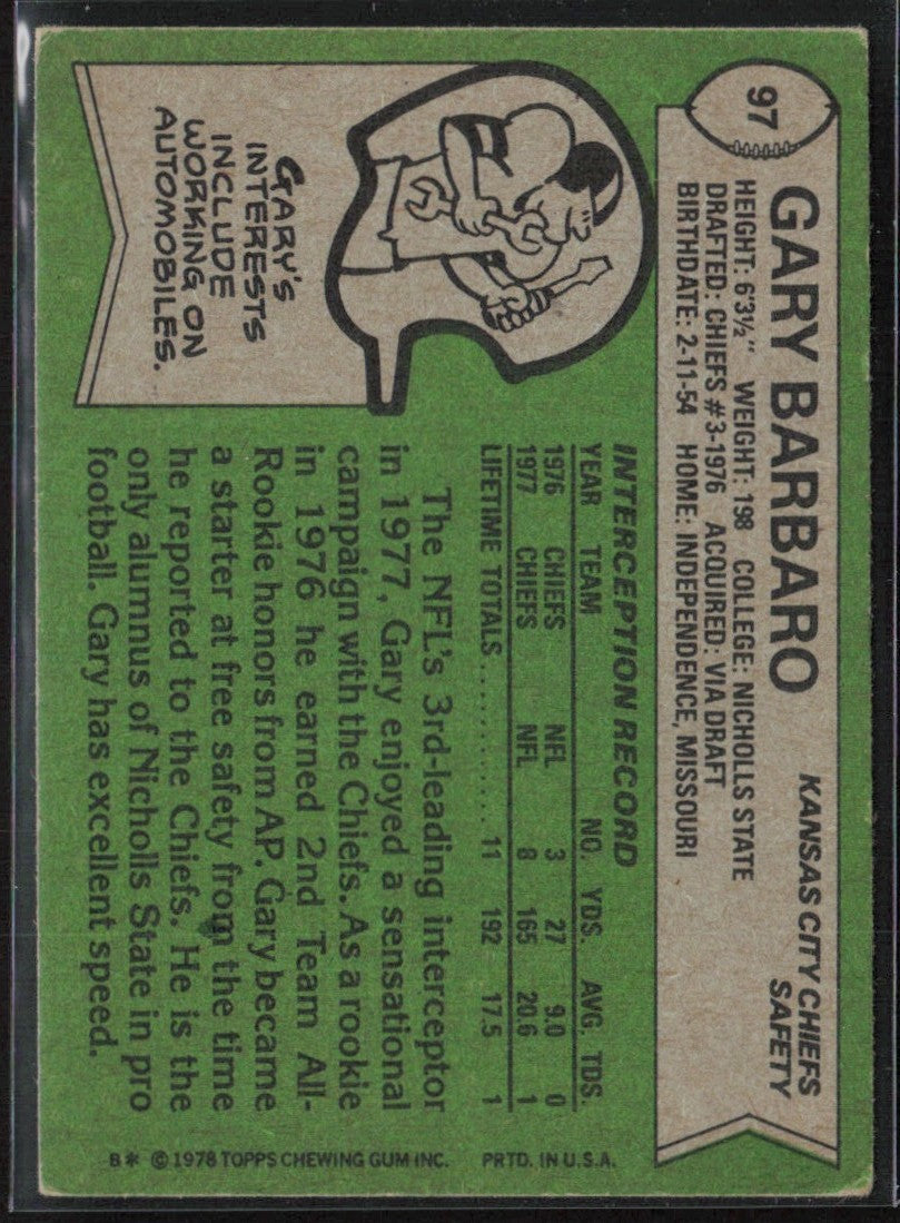 Gary Barbaro 1978 Topps RC #97 Kansas City Chiefs