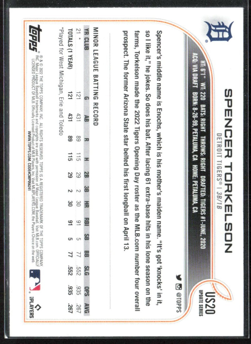 Spencer Torkelson 2022 Topps Update RC #US20 Detroit Tigers