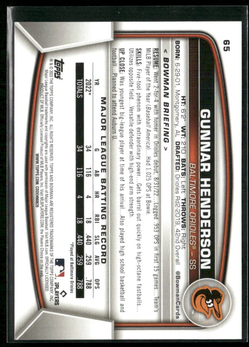Gunnar Henderson 2023 Bowman RC #65 Baltimore Orioles