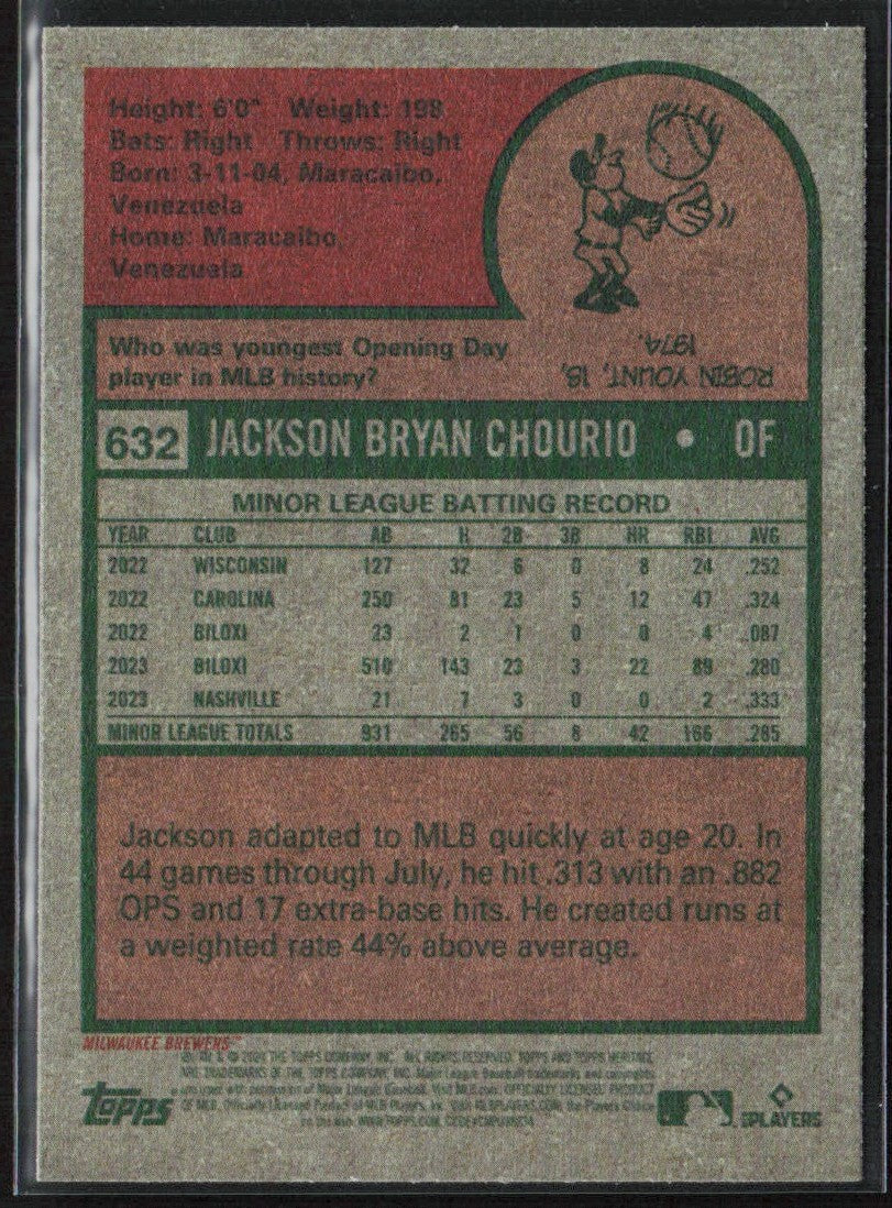 Jackson Chourio 2024 Topps Heritage RC #632 Milwaukee Brewers