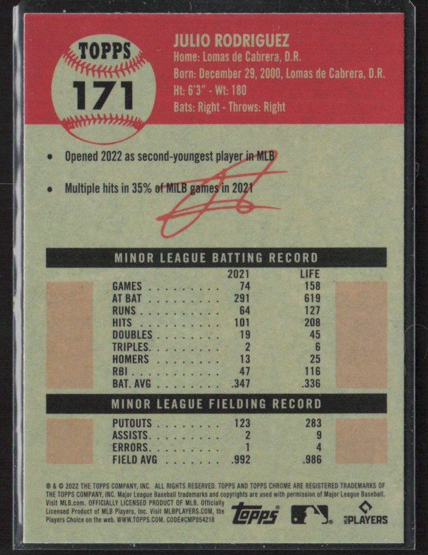 Julio Rodriguez 2022 Topps Chrome Platinum RC #171 Seattle Mariners