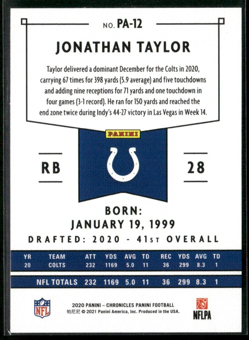 Jonathan Taylor 2020 Panini Chronicles RC #PA-12 Indianapolis Colts