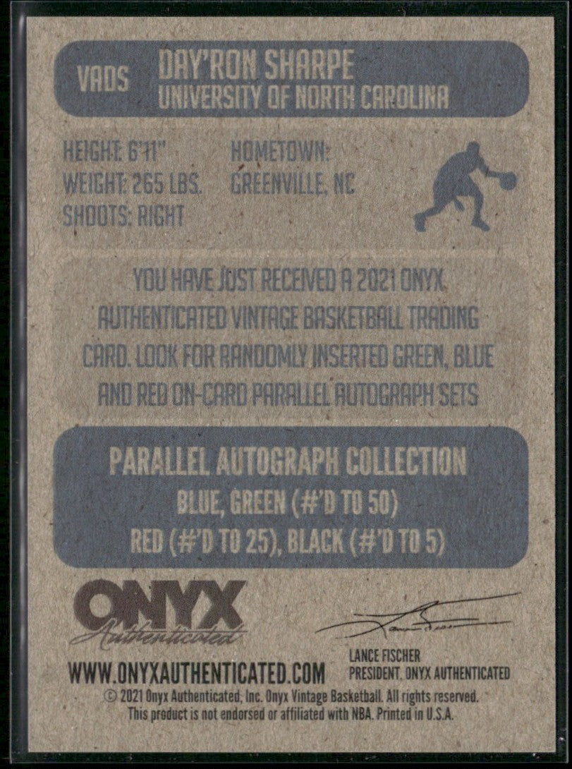 Day'Ron Sharpe 2021 Onyx Vintage AUTO #VADS University of North Carolina