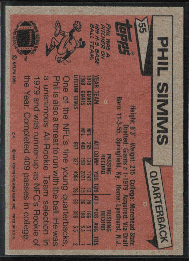 Phil Simms 1981 Topps #55 New York Giants