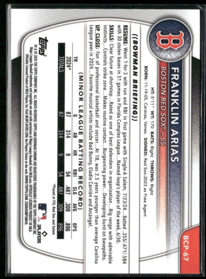 Franklin Arias 2025 Bowman Chrome 1st #BCP-67 Boston Red Sox