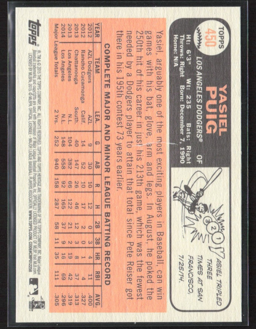 Yasiel Puig 2015 Topps Heritage SP #450 Los Angeles Dodgers