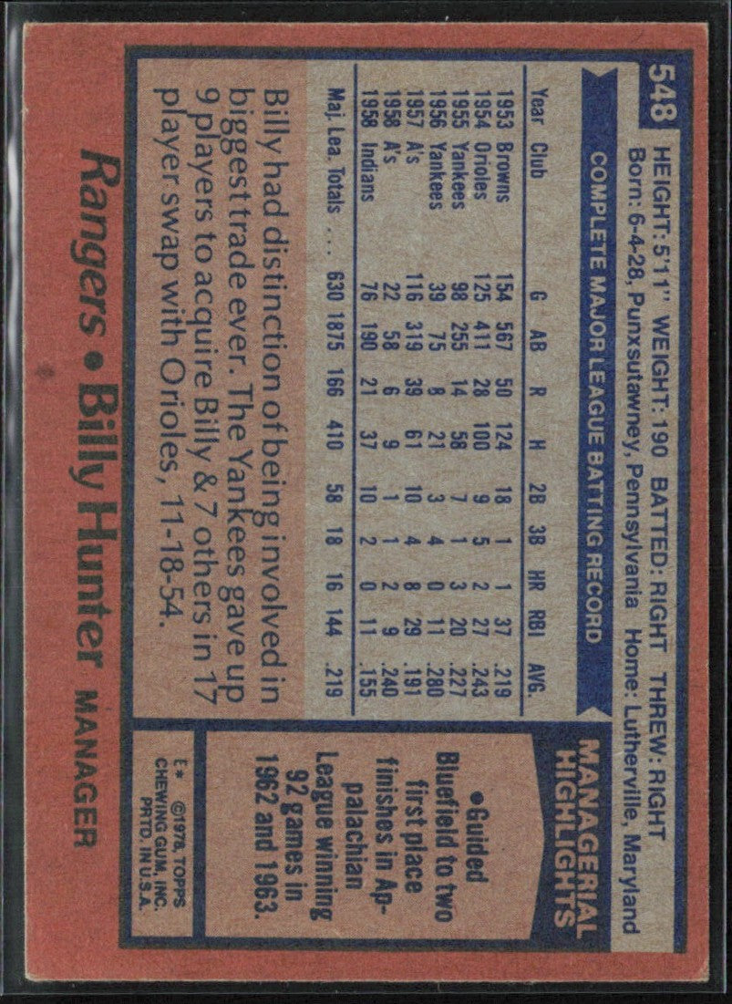 Billy Hunter 1978 Topps #548 Texas Rangers