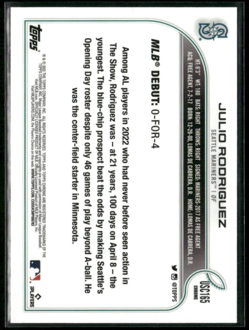 Julio Rodriguez 2022 Topps Chrome Update RC #USC165 Seattle Mariners