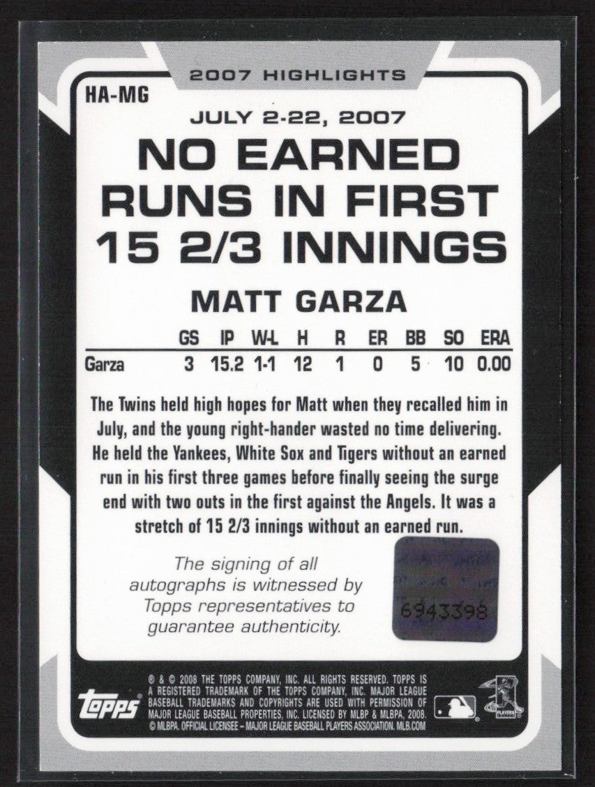 Matt Garza 2008 Topps Highlights AUTO #HA-MG Minnesota Twins