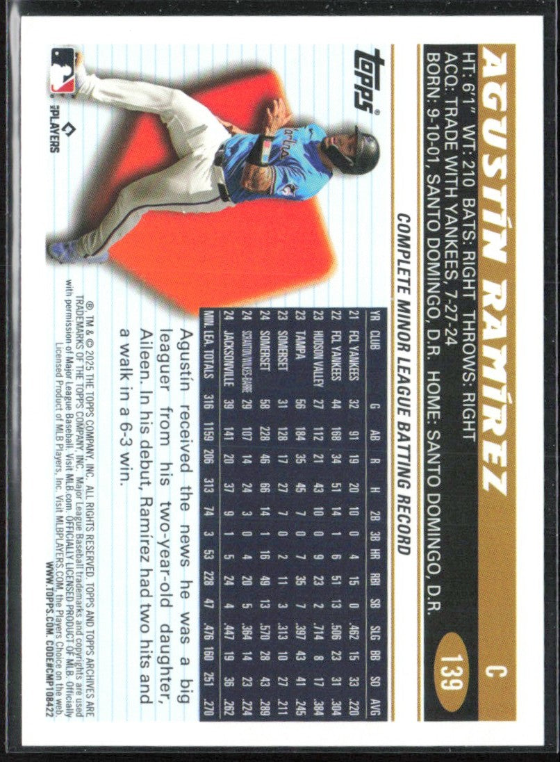 Agustin Ramirez 2025 Topps Archives RC #139 Miami Marlins