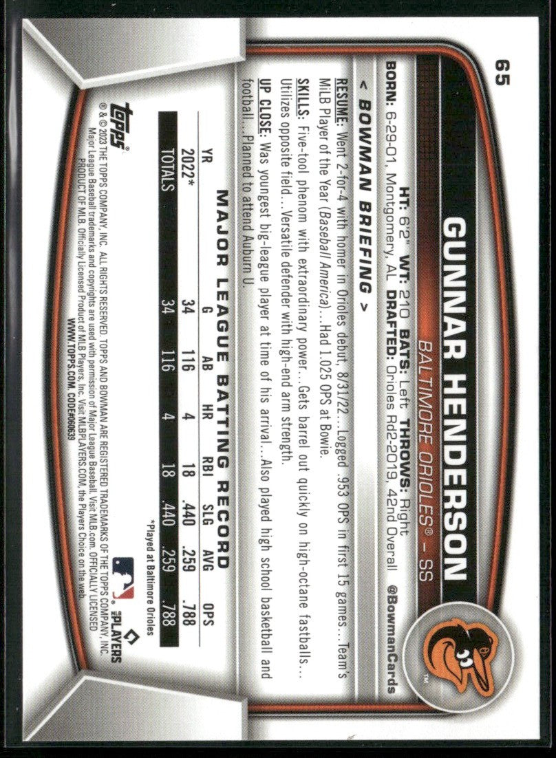 Gunnar Henderson 2023 Bowman RC #65 Baltimore Orioles