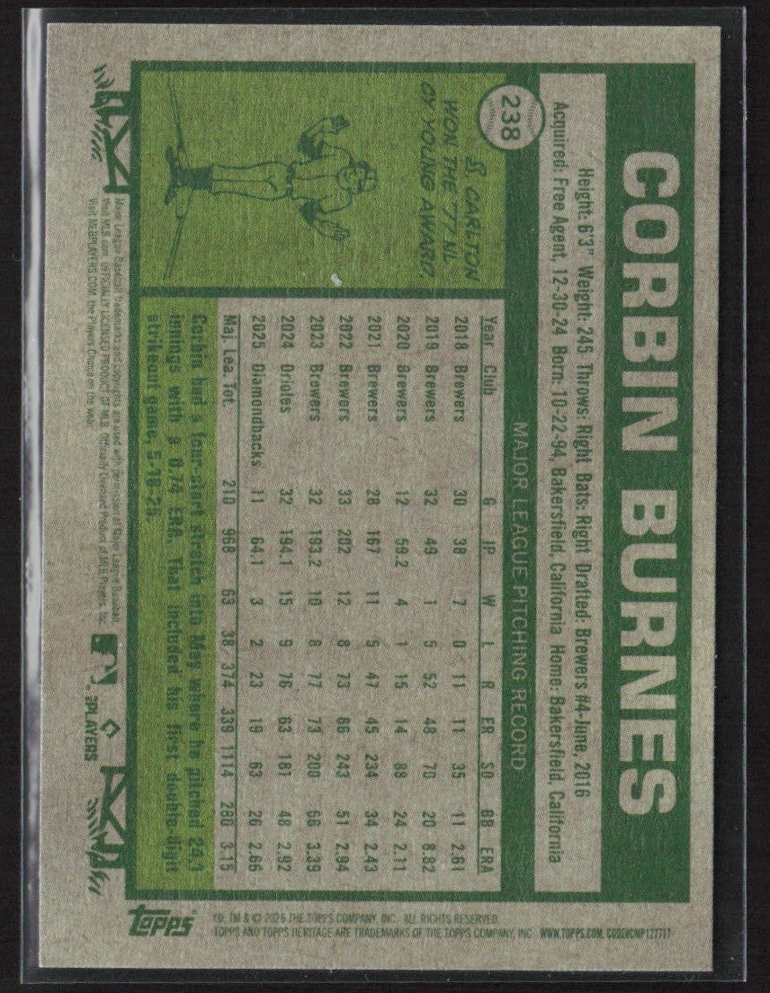 Corbin Burnes 2026 Topps Heritage Dark Green Border #238 Arizona Diamondbacks