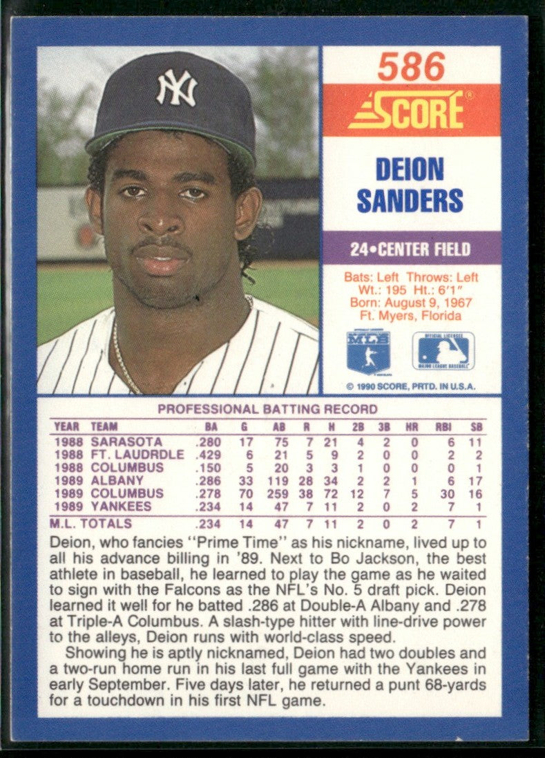 Deion Sanders 1990 Score RC #586 New York Yankees