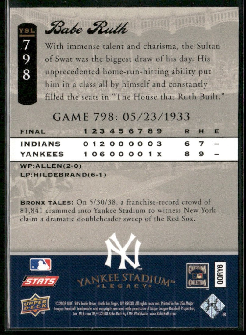 Babe Ruth 2008 Upper Deck Yankee Stadium Legacy #798 New York Yankees