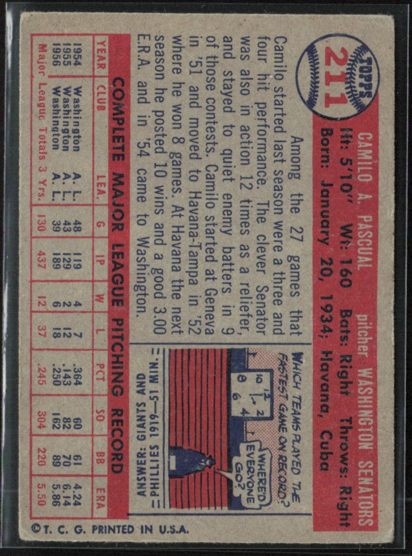 Camilo Pascual 1957 Topps #211 Washington Senators