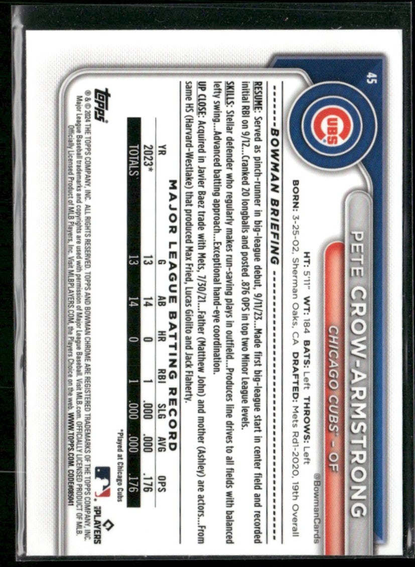 Pete Crow-Armstrong 2024 Bowman Chrome RC #45 Chicago Cubs