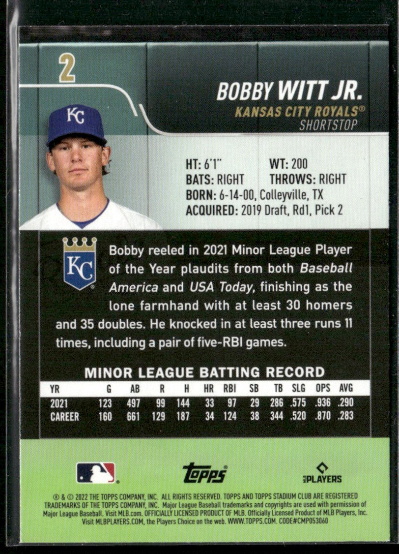 Bobby Witt Jr. 2022 Topps Stadium Club RC #2 Kansas City Royals