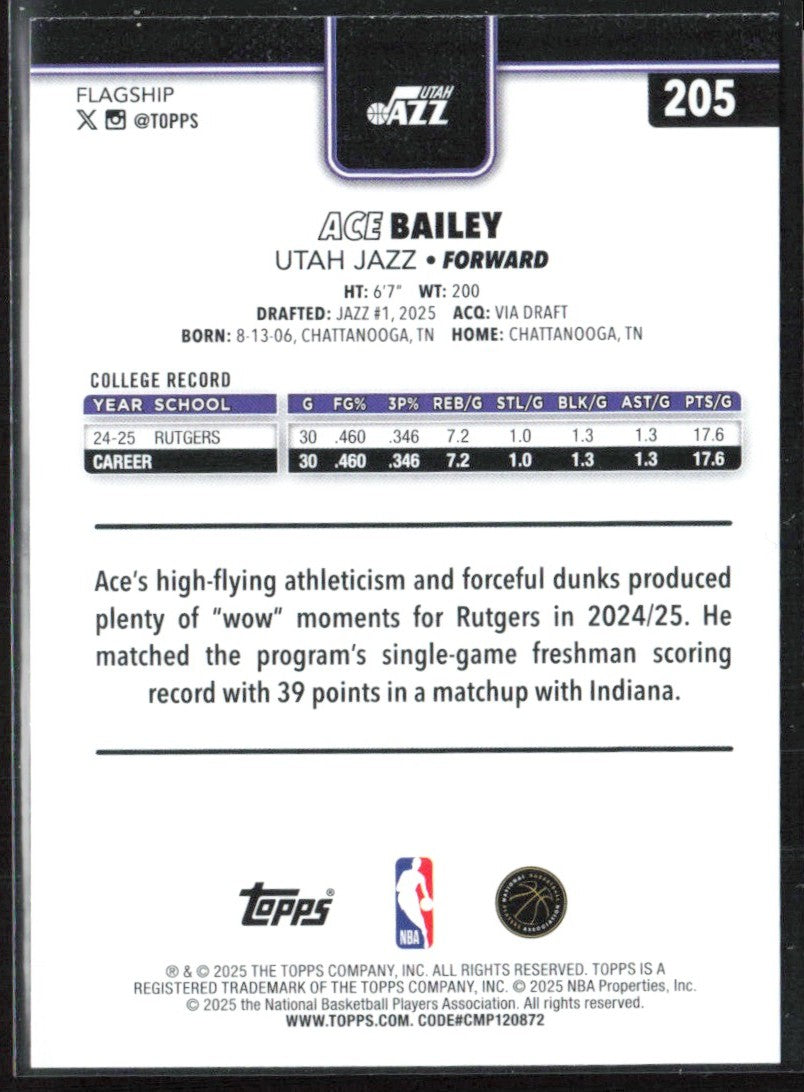 Ace Bailey 2025 Topps RC #205 Utah Jazz