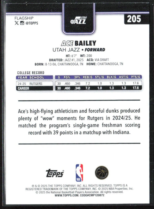 Ace Bailey 2025 Topps RC #205 Utah Jazz