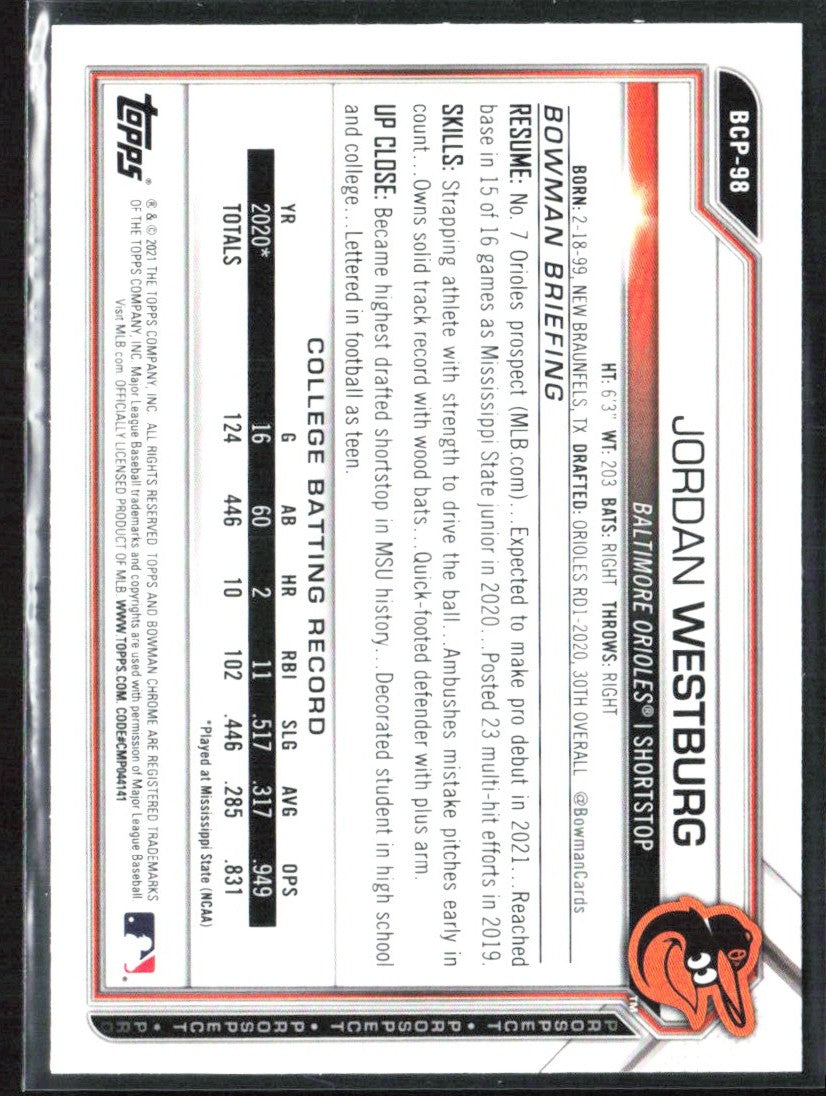 Jordan Westburg 2021 Bowman Chrome Atomic Refractor #BCP-98 Baltimore Orioles
