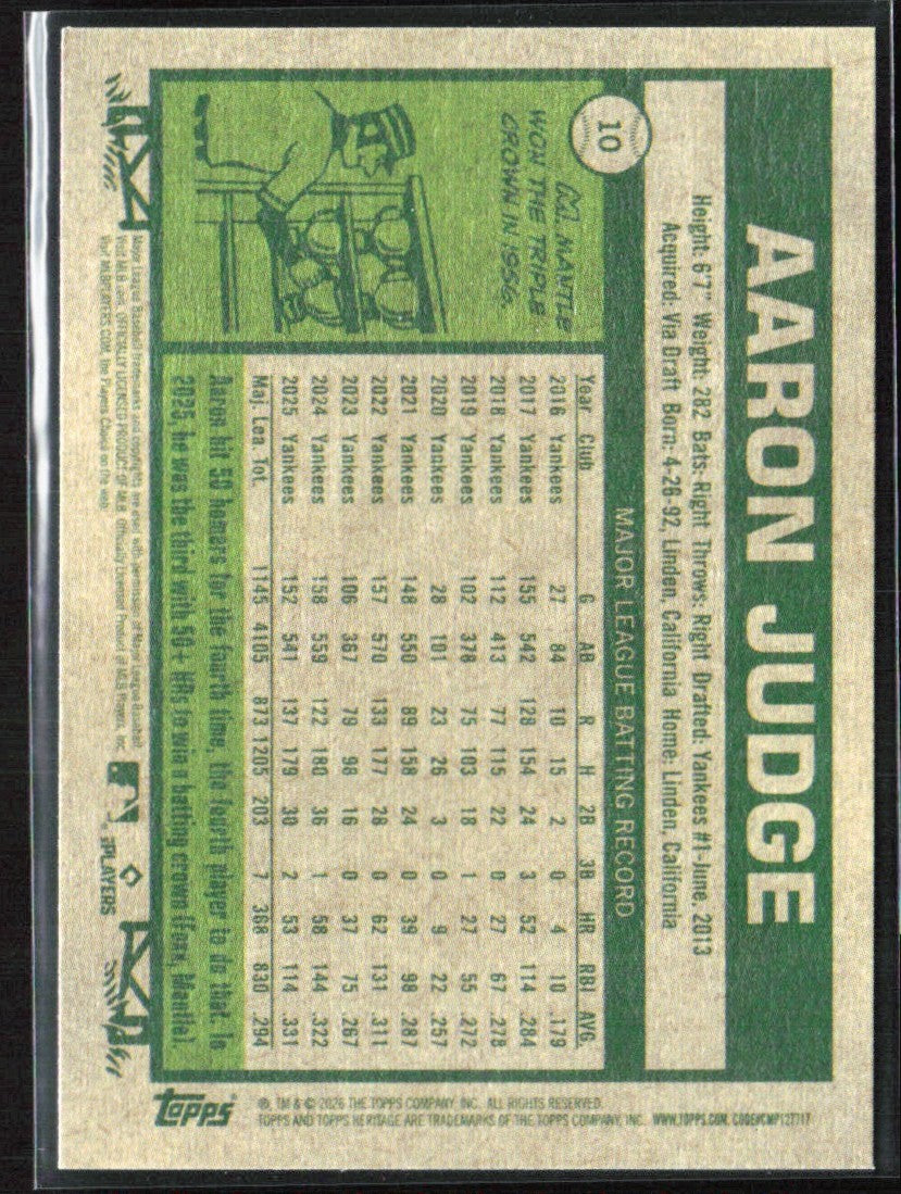 Aaron Judge 2026 Topps Heritage #10 New York Yankees