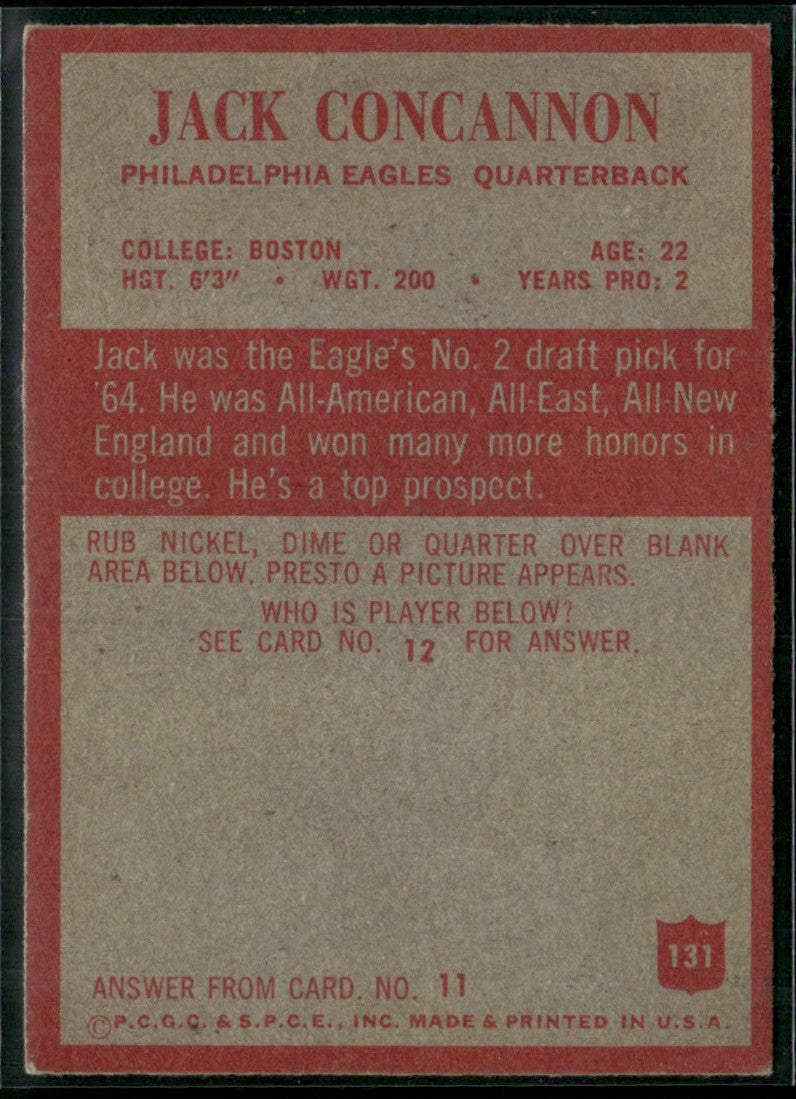 Jack Concannon 1965 Philadelphia RC #131 Philadelphia Eagles