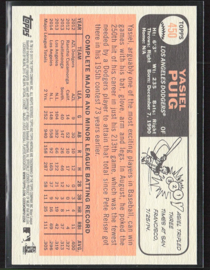 Yasiel Puig 2015 Topps Heritage SP #450 Los Angeles Dodgers