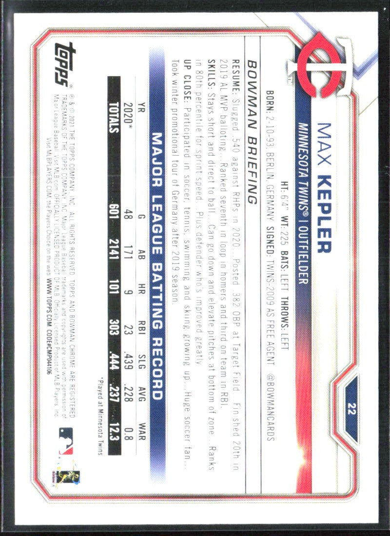 Max Kepler 2021 Bowman Neon Green /399 #22 Minnesota Twins