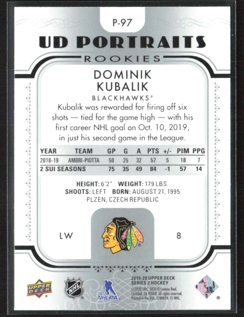 Dominik Kubalik 2019 Upper Deck Portraits RC #P-97 Chicago Blackhawks