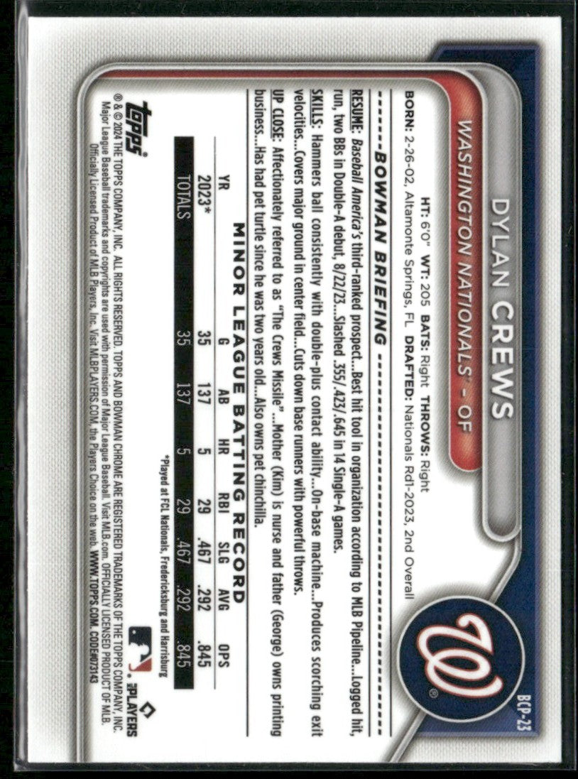 Dylan Crews 2024 Bowman Chrome 1st #BCP-23 Washington Nationals