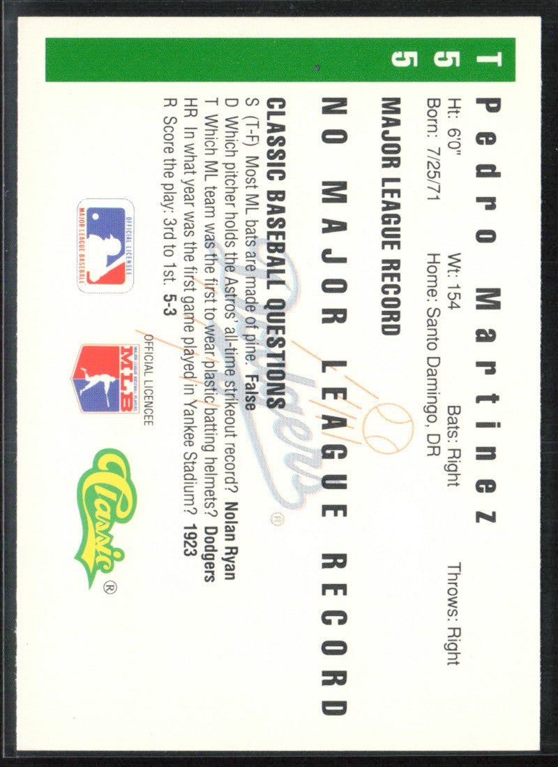 Pedro Martinez 1991 Classic Baseball RC #T55 Los Angeles Dodgers