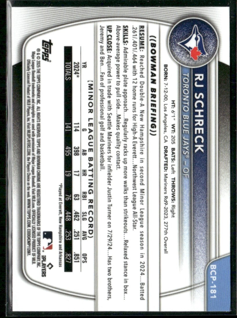 RJ Schreck 2025 Bowman Chrome 1st #BCP-181 Toronto Blue Jays