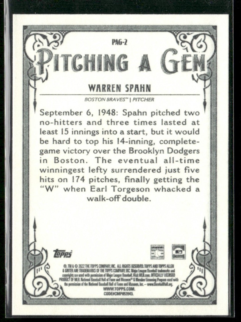 Warren Spahn 2022 Topps Allen & Ginter Pitching a Gem #PAG-2 Boston Braves