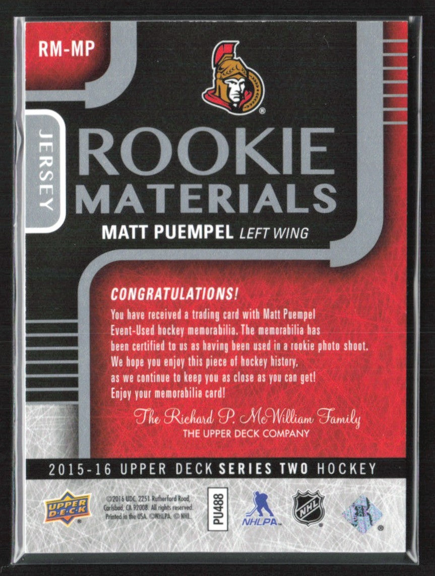 Matt Puempel 2015 Upper Deck RC Jersey #RM-MP Ottawa Senators