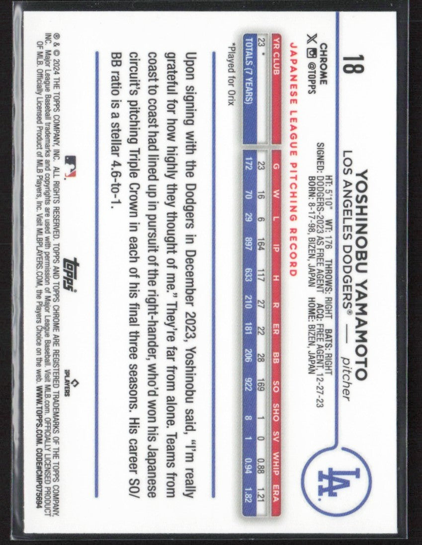 Yoshinobu Yamamoto 2024 Topps Chrome RC #18 Los Angeles Dodgers