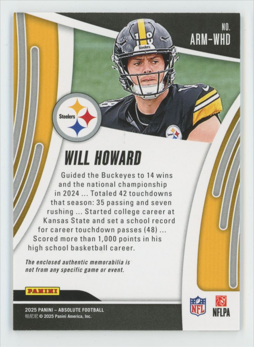 Will Howard 2025 Panini Absolute RC Jersey #ARM-WHD Pittsburgh Steelers